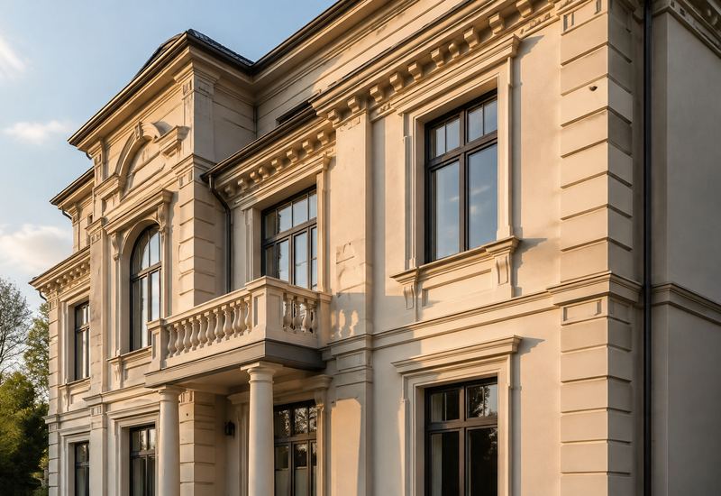 Фасад дома с декором из фибробетона — карнизы, наличники, балюстрада